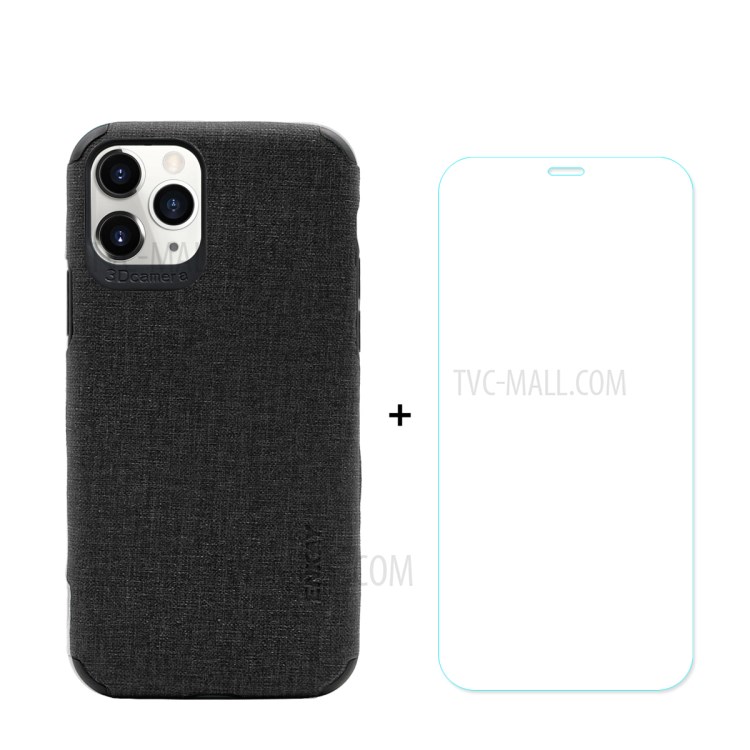 HAT PRINCE for iPhone 11 Pro Max 6.5 inch ENKAY PC-0332 Business Series Cloth Texture PU Leather Coated TPU Shell + 0.26MM 9H Tempered Glass Screen Film - Black-1