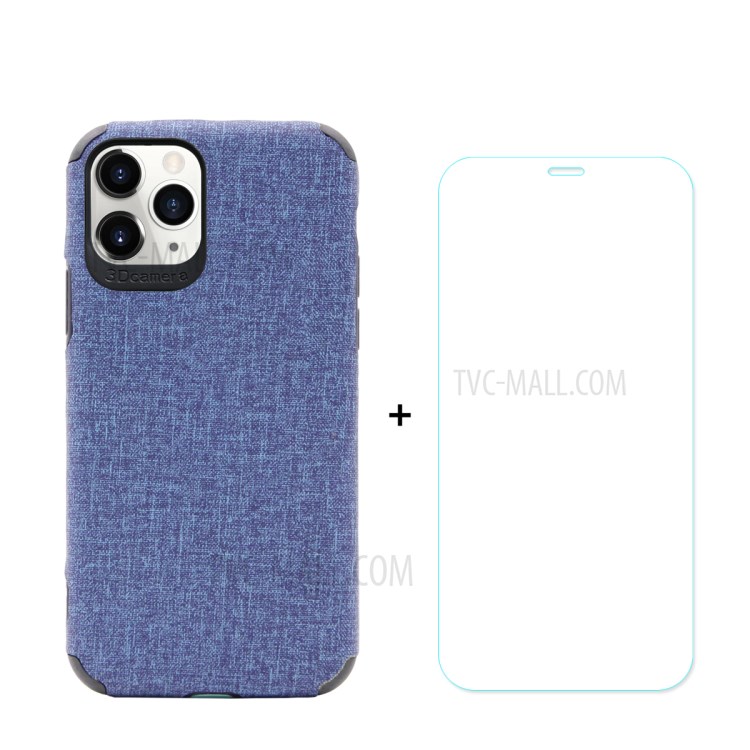 HAT PRINCE for iPhone 11 Pro Max 6.5 inch ENKAY PC-0332 Business Series Cloth Texture PU Leather Coated TPU Shell + 0.26MM 9H Tempered Glass Screen Film - Blue-1