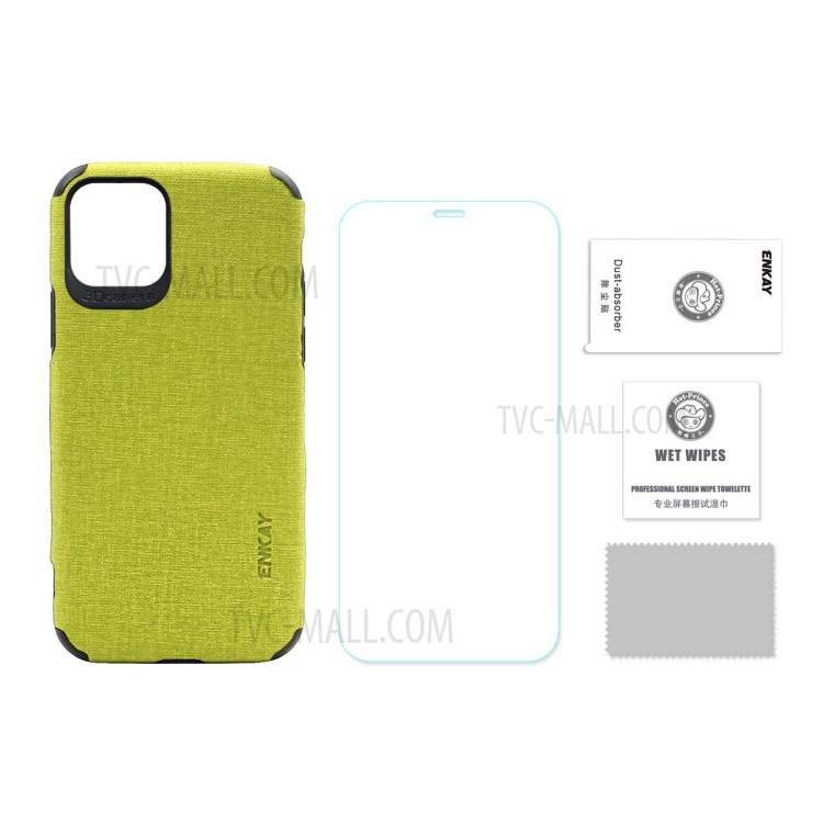 HAT PRINCE for iPhone 11 6.1 inch ENKAY PC-0312 Business Series Cloth Texture PU Leather Coated TPU Back Case + 0.26MM 9H Tempered Glass Screen Film - Green-10