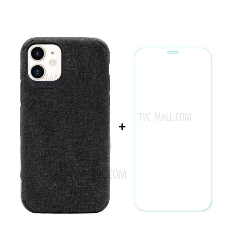 HAT PRINCE for iPhone 11 6.1 inch ENKAY PC-0312 Business Series Cloth Texture PU Leather Coated TPU Back Case + 0.26MM 9H Tempered Glass Screen Film - Black-1