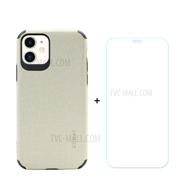 HAT PRINCE for iPhone 11 6.1 inch ENKAY PC-0312 Business Series Cloth Texture PU Leather Coated TPU Back Case + 0.26MM 9H Tempered Glass Screen Film - White-1