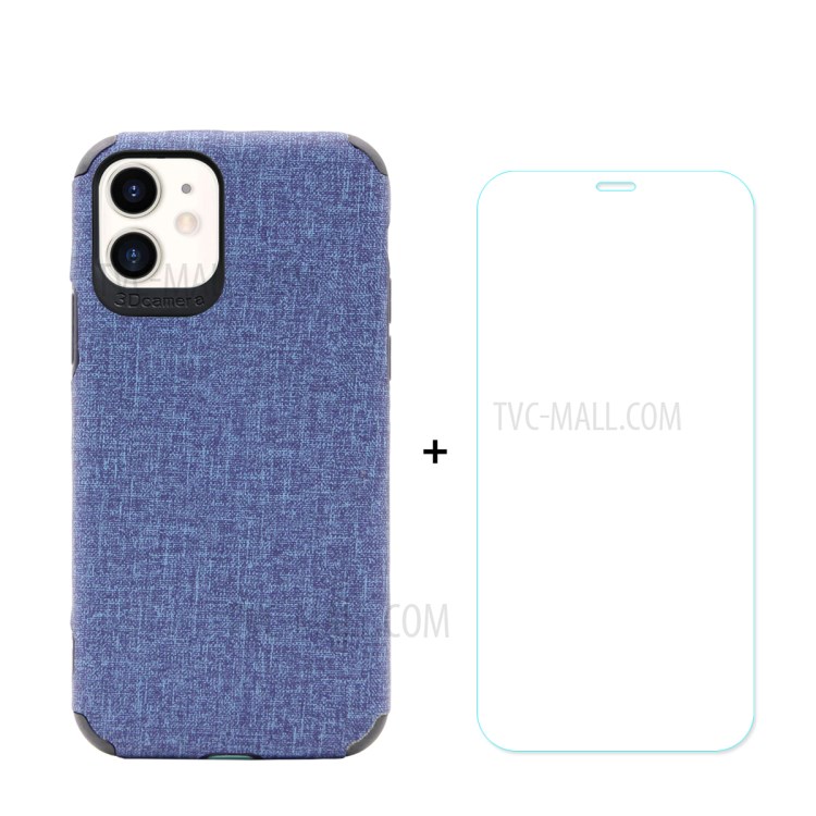 HAT PRINCE for iPhone 11 6.1 inch ENKAY PC-0312 Business Series Cloth Texture PU Leather Coated TPU Back Case + 0.26MM 9H Tempered Glass Screen Film - Blue-1