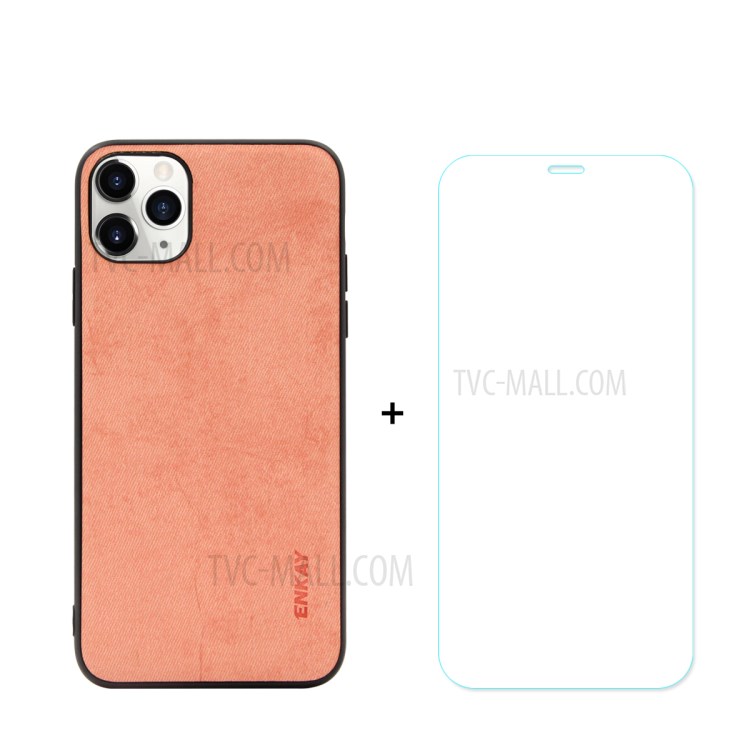 HAT PRINCE Pour IPhone 11 Pro 5,8 Pouces Enkay PC-0292 TPU Enduit Cuir Texture Tissu Série D'affaires PU + Retour Cas 0.26mm 9H Film Écran En Verre Trempé - Rose-1