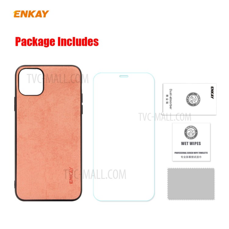 HAT PRINCE for iPhone 11 Pro 5.8 inch ENKAY PC-0292 Business Series Cloth Texture PU Leather Coated TPU Back Case + 0.26MM 9H Tempered Glass Screen Film - Pink-11