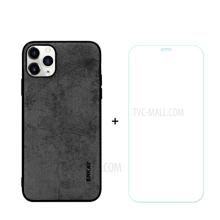HAT PRINCE for iPhone 11 Pro 5.8 inch ENKAY PC-0292 Business Series Cloth Texture PU Leather Coated TPU Back Case + 0.26MM 9H Tempered Glass Screen Film - Black-1