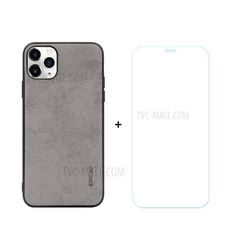 HAT PRINCE for iPhone 11 Pro 5.8 inch ENKAY PC-0292 Business Series Cloth Texture PU Leather Coated TPU Back Case + 0.26MM 9H Tempered Glass Screen Film - Grey-1