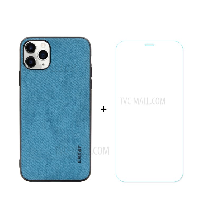 HAT PRINCE Pour IPhone 11 Pro Max Enkay PC-0302 Cuir Texture Tissu Série D'affaires Enduit PU TPU Coque Arrière + 0.26mm 9H Film Écran En Verre Trempé - Bleu-1