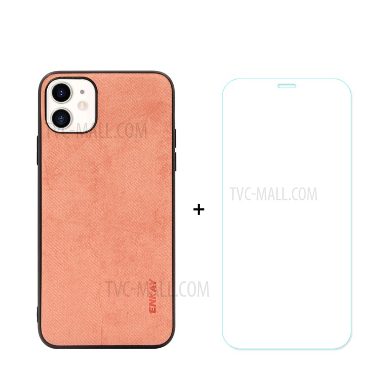 HAT PRINCE for iPhone 11 6.1 inch ENKAY PC-0282 Business Series Cloth Texture PU Leather Coated TPU Shell + 0.26MM 9H Tempered Glass Screen Film - Pink-1