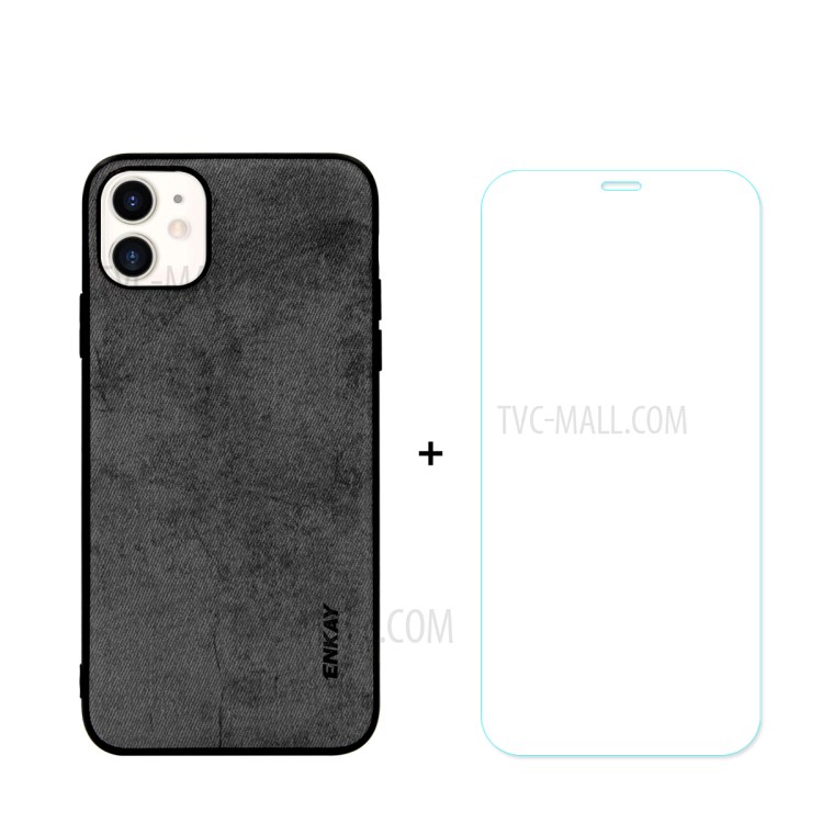 HAT PRINCE for iPhone 11 6.1 inch ENKAY PC-0282 Business Series Cloth Texture PU Leather Coated TPU Shell + 0.26MM 9H Tempered Glass Screen Film - Black-1