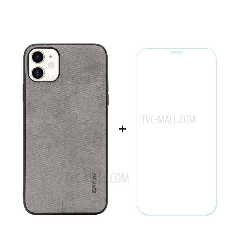 HAT PRINCE for iPhone 11 6.1 inch ENKAY PC-0282 Business Series Cloth Texture PU Leather Coated TPU Shell + 0.26MM 9H Tempered Glass Screen Film - Grey-1