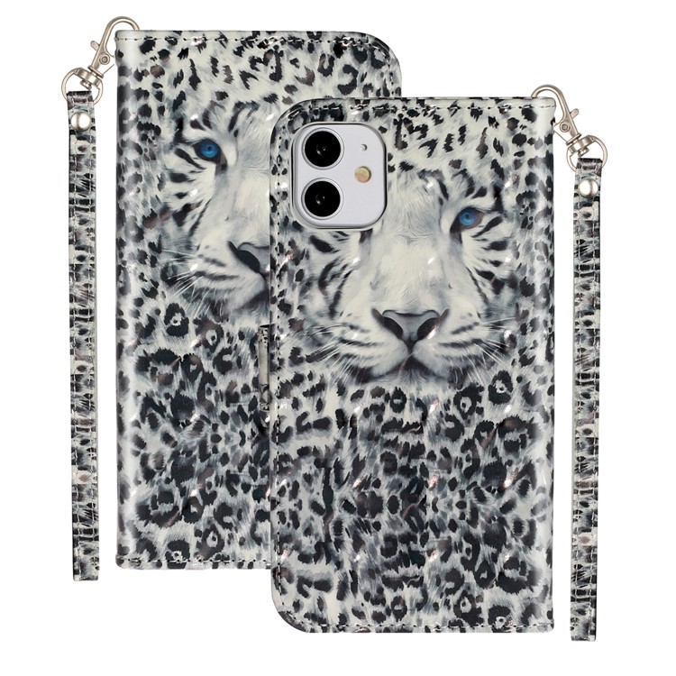 Decoração de Ponto Leve Padrão em Relevo Casal de Couro de Couro Shell Para Apple Iphone 11 6,1 Polegadas - Rosto de Leopardo