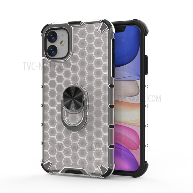 Finger Ring Kickstand Honeycomb Pattern TPU + PC Combo Back Case for iPhone 11 6.1 inch - White-1