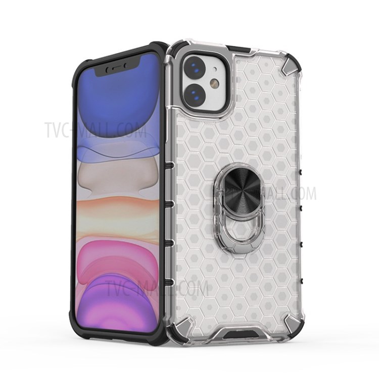 Finger Ring Kickstand Honeycomb Pattern TPU + PC Combo Back Case for iPhone 11 6.1 inch - White-10