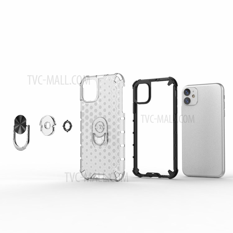 Finger Ring Kickstand Honeycomb Pattern TPU + PC Combo Back Case for iPhone 11 6.1 inch - White-12