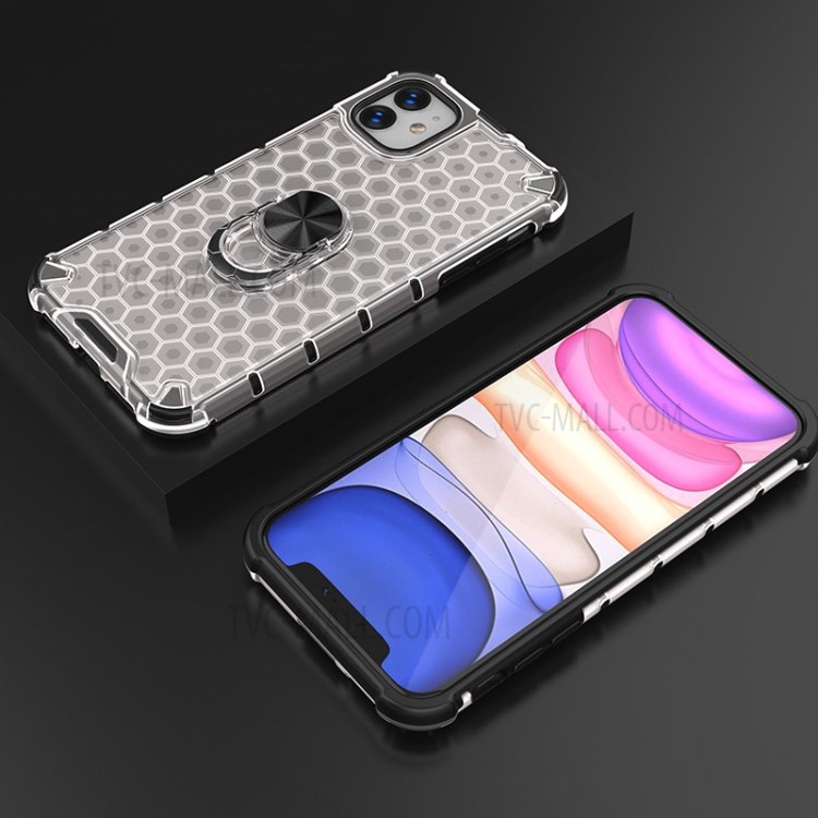 Finger Ring Kickstand Honeycomb Pattern TPU + PC Combo Back Case for iPhone 11 6.1 inch - White-13