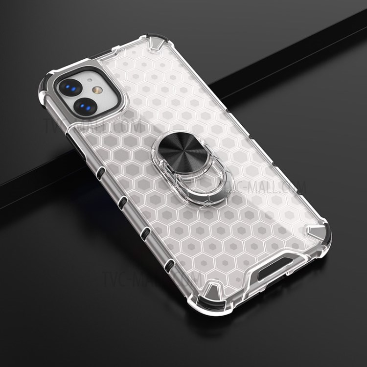 Finger Ring Kickstand Honeycomb Pattern TPU + PC Combo Back Case for iPhone 11 6.1 inch - White-14