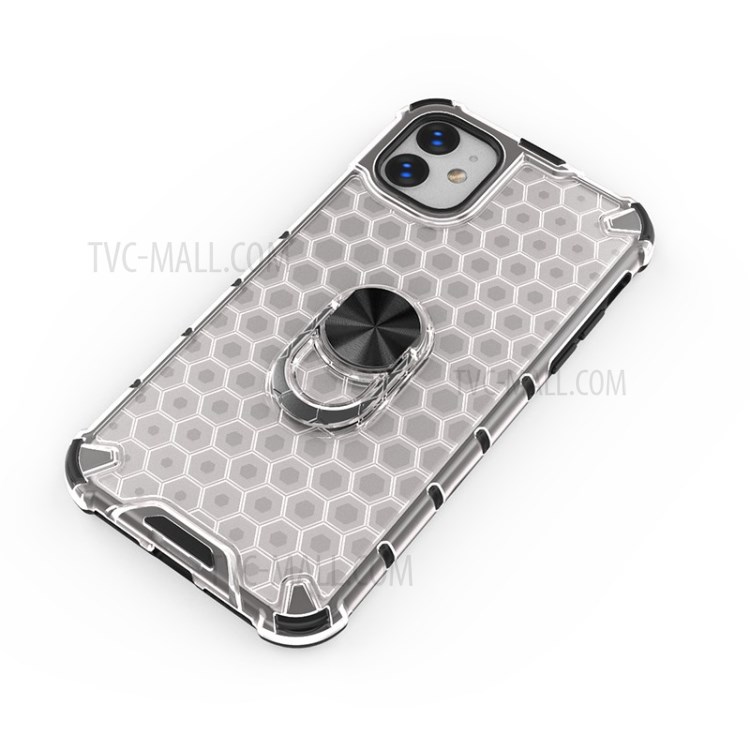 Finger Ring Kickstand Honeycomb Pattern TPU + PC Combo Back Case for iPhone 11 6.1 inch - White-3