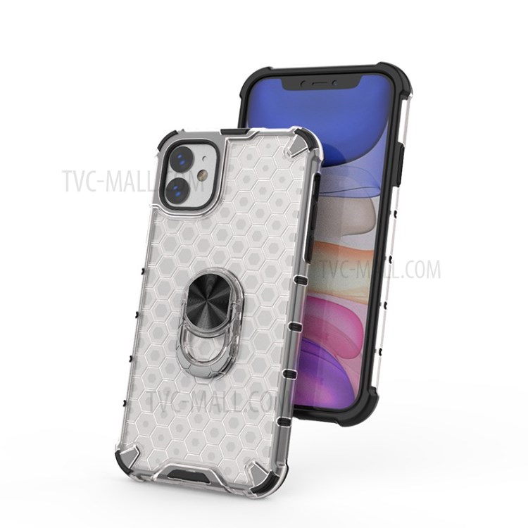 Finger Ring Kickstand Honeycomb Pattern TPU + PC Combo Back Case for iPhone 11 6.1 inch - White-9