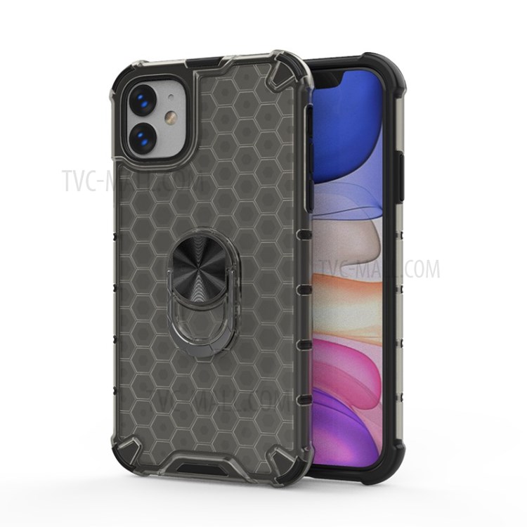 Finger Ring Kickstand Honeycomb Pattern TPU + PC Combo Back Case for iPhone 11 6.1 inch - Black-1