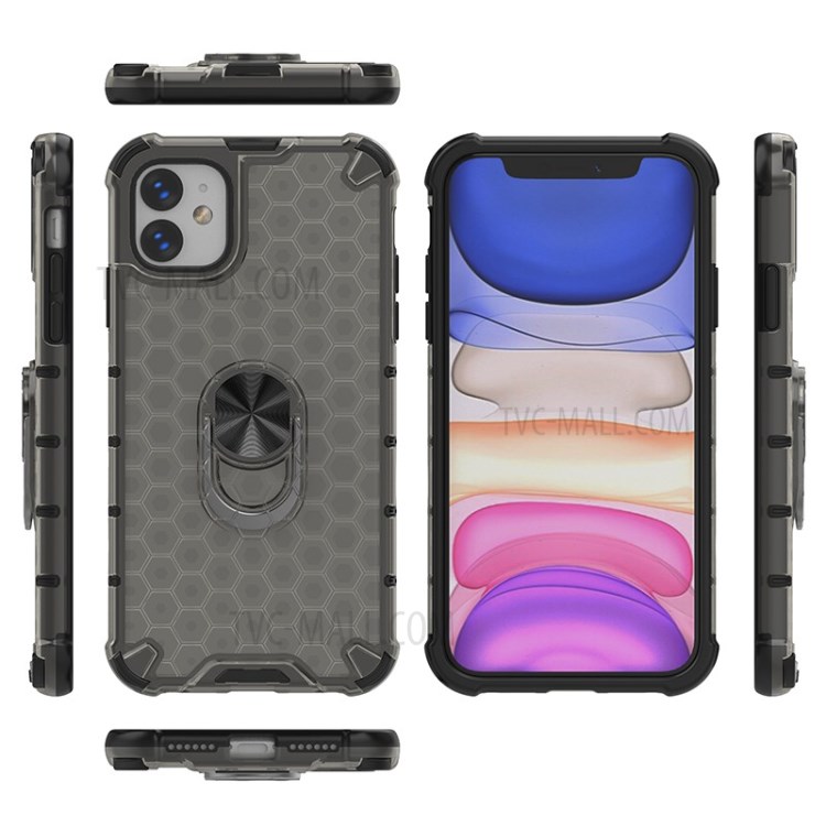 Finger Ring Kickstand Honeycomb Pattern TPU + PC Combo Back Case for iPhone 11 6.1 inch - Black-2