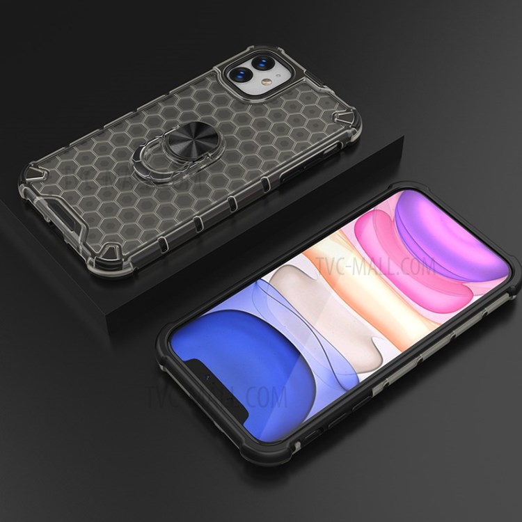 Finger Ring Kickstand Honeycomb Pattern TPU + PC Combo Back Case for iPhone 11 6.1 inch - Black-3
