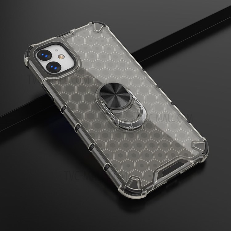 Finger Ring Kickstand Honeycomb Pattern TPU + PC Combo Back Case for iPhone 11 6.1 inch - Black-4