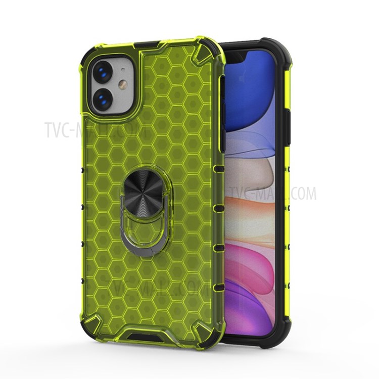 Finger Ring Kickstand Honeycomb Pattern TPU + PC Combo Back Case for iPhone 11 6.1 inch - Green-1