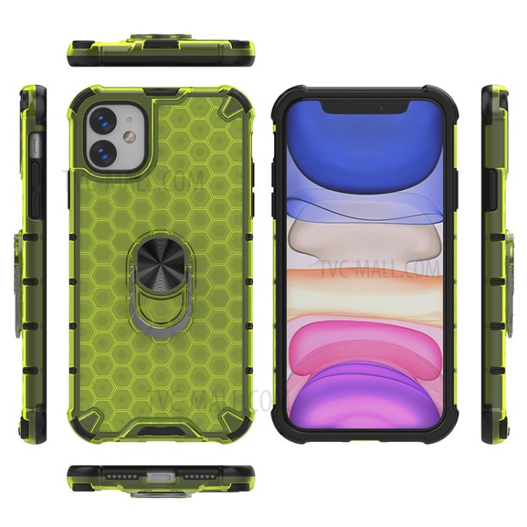 Finger Ring Kickstand Honeycomb Pattern TPU + PC Combo Back Case for iPhone 11 6.1 inch - Green-2