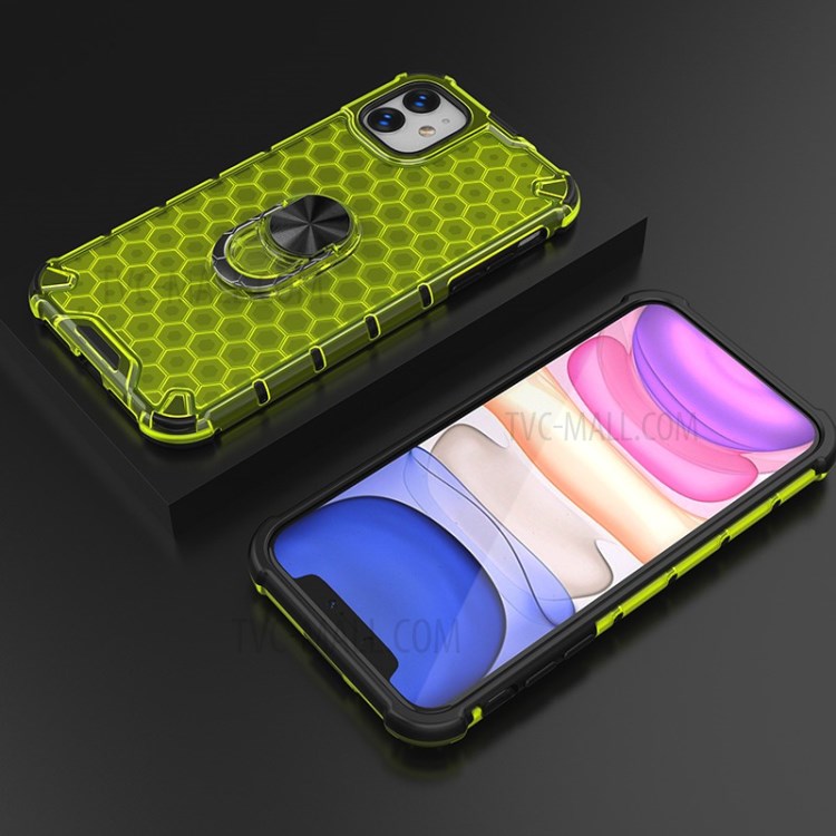 Finger Ring Kickstand Honeycomb Pattern TPU + PC Combo Back Case for iPhone 11 6.1 inch - Green-3