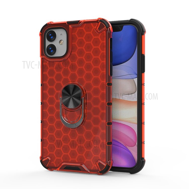 Finger Ring Kickstand Honeycomb Pattern TPU + PC Combo Back Case for iPhone 11 6.1 inch - Red-1