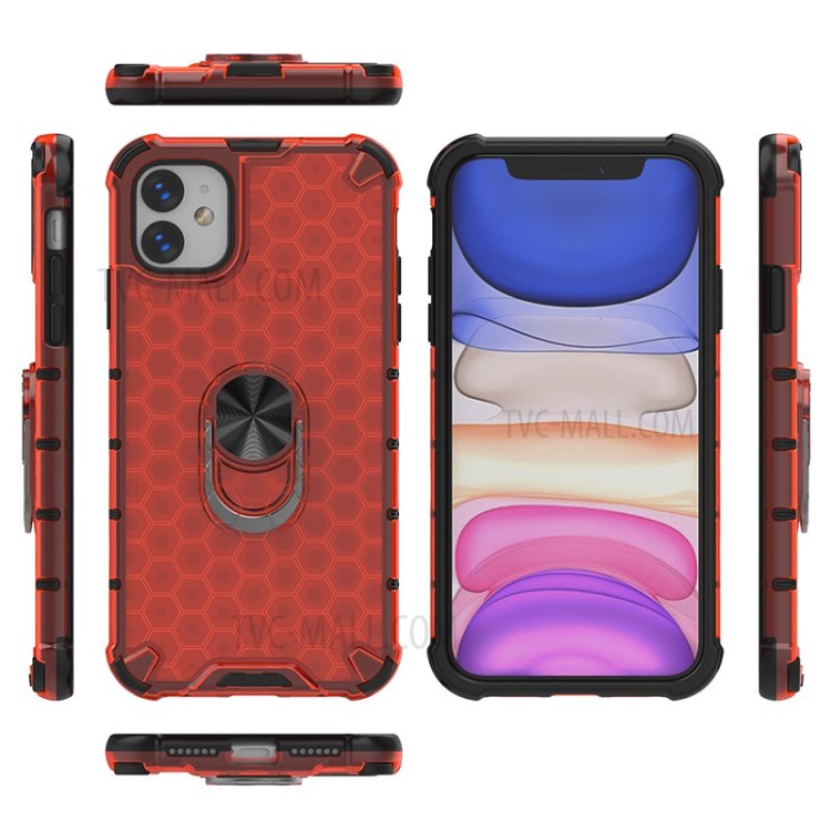 Finger Ring Kickstand Honeycomb Pattern TPU + PC Combo Back Case for iPhone 11 6.1 inch - Red-2