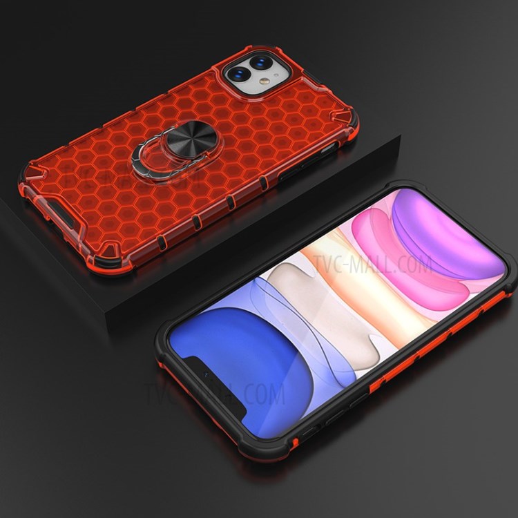 Finger Ring Kickstand Honeycomb Pattern TPU + PC Combo Back Case for iPhone 11 6.1 inch - Red-3