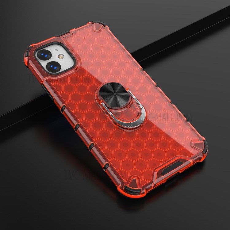 Finger Ring Kickstand Honeycomb Pattern TPU + PC Combo Back Case for iPhone 11 6.1 inch - Red-4
