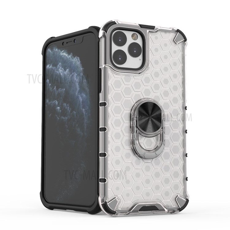 Finger Ring Kickstand Honeycomb Pattern TPU + PC Combo Shell for iPhone 11 Pro 5.8 inch - White-10