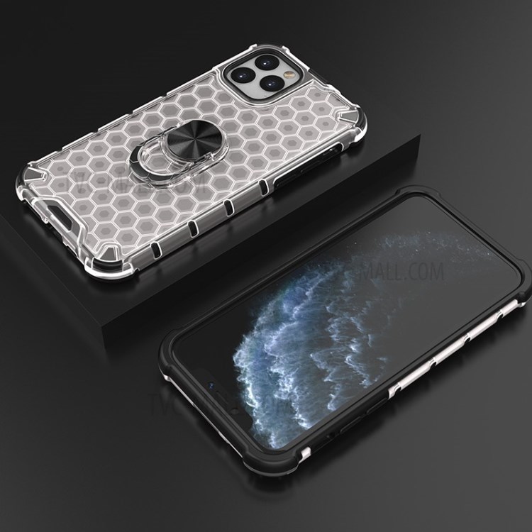 Finger Ring Kickstand Honeycomb Pattern TPU + PC Combo Shell for iPhone 11 Pro 5.8 inch - White-13