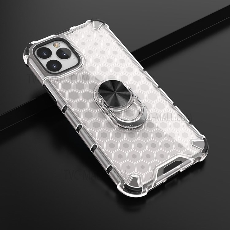 Finger Ring Kickstand Honeycomb Pattern TPU + PC Combo Shell for iPhone 11 Pro 5.8 inch - White-14