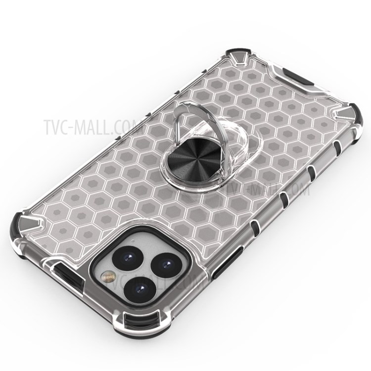 Finger Ring Kickstand Honeycomb Pattern TPU + PC Combo Shell for iPhone 11 Pro 5.8 inch - White-7