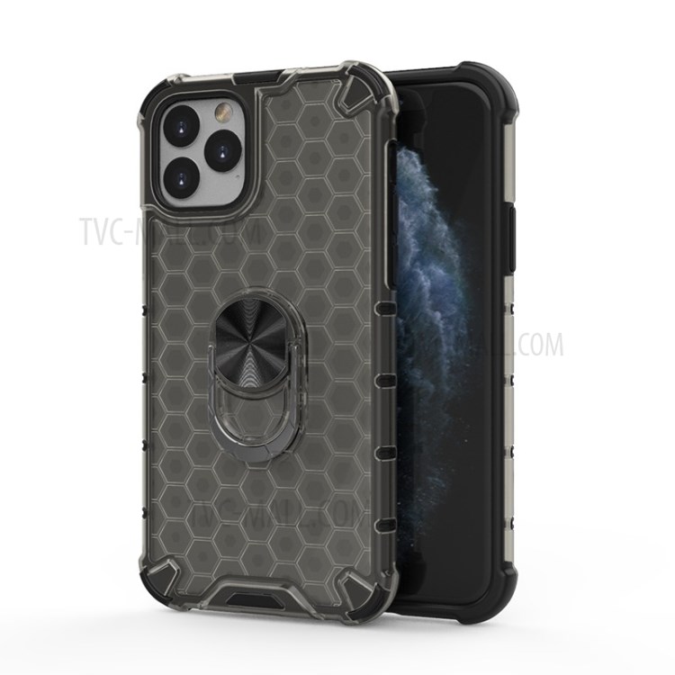 Finger Ring Kickstand Honeycomb Pattern TPU + PC Combo Shell for iPhone 11 Pro 5.8 inch - Black-1
