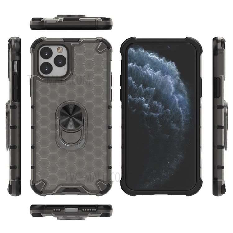 Finger Ring Kickstand Honeycomb Pattern TPU + PC Combo Shell for iPhone 11 Pro 5.8 inch - Black-2