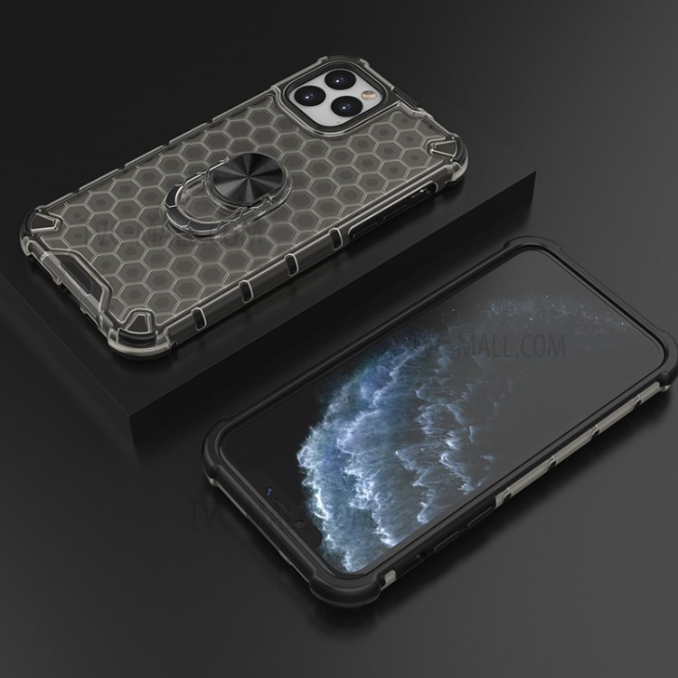Finger Ring Kickstand Honeycomb Pattern TPU + PC Combo Shell for iPhone 11 Pro 5.8 inch - Black-3