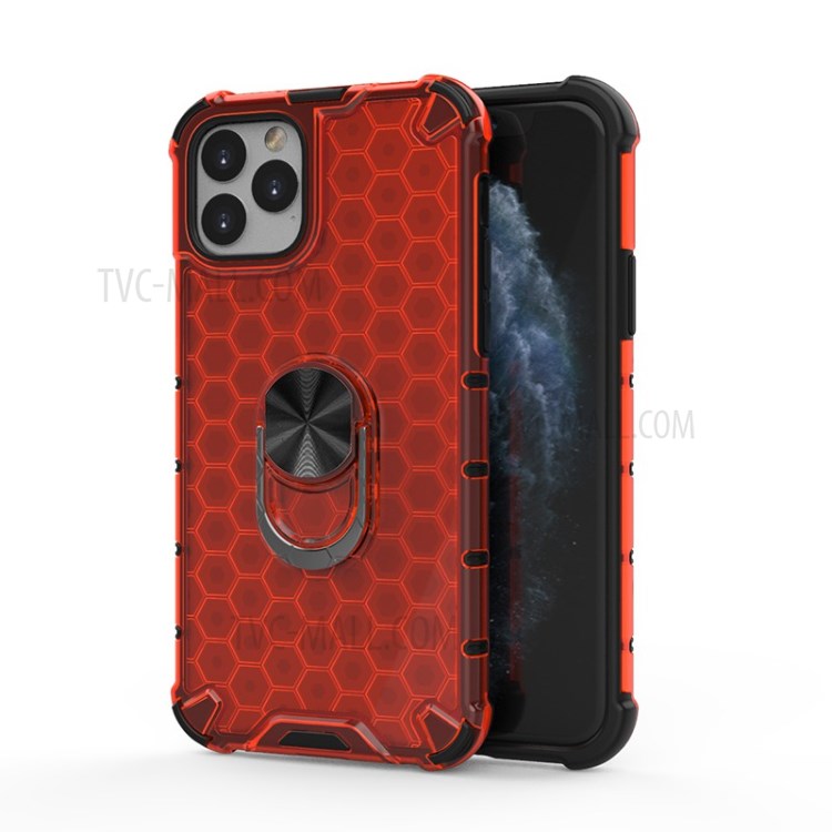 Finger Ring Kickstand Honeycomb Pattern TPU + PC Combo Shell for iPhone 11 Pro 5.8 inch - Red-1