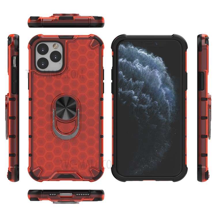 Finger Ring Kickstand Honeycomb Pattern TPU + PC Combo Shell for iPhone 11 Pro 5.8 inch - Red-2