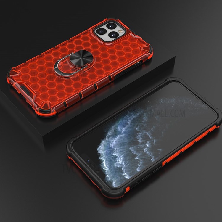 Finger Ring Kickstand Honeycomb Pattern TPU + PC Combo Shell for iPhone 11 Pro 5.8 inch - Red-3