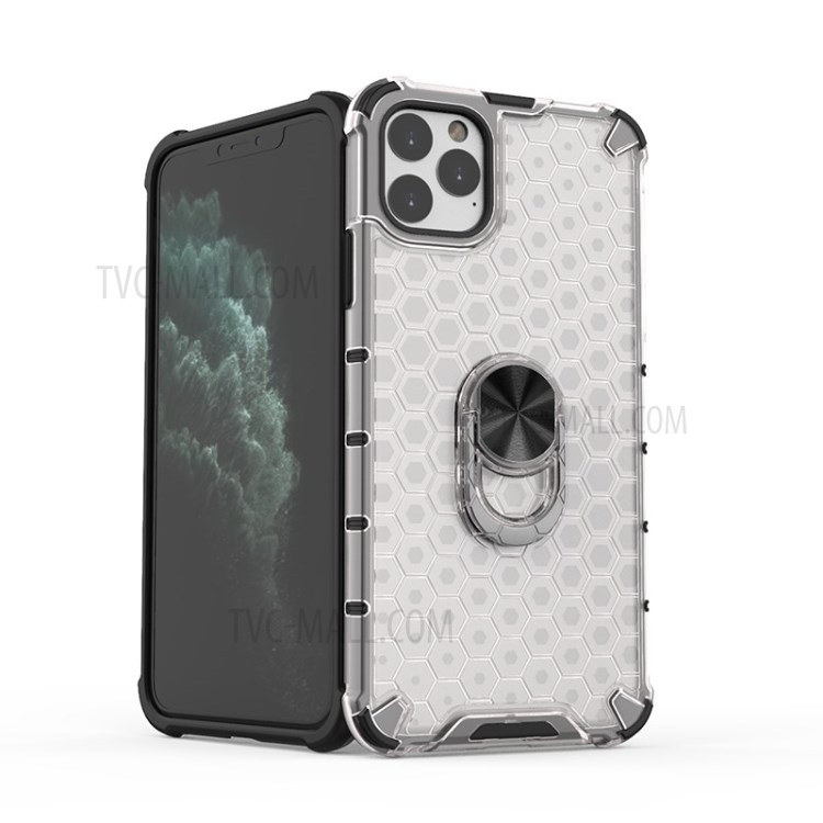 Finger Ring Kickstand Honeycomb Pattern TPU + PC Hybrid Case for iPhone 11 Pro Max 6.5 inch - White-11