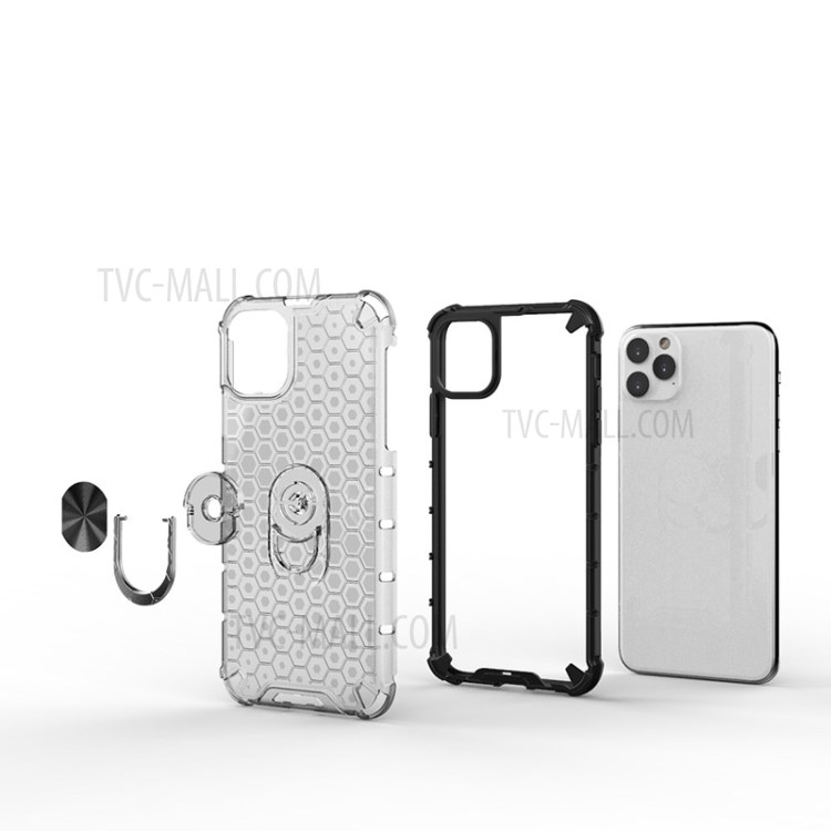 Finger Ring Kickstand Honeycomb Pattern TPU + PC Hybrid Case for iPhone 11 Pro Max 6.5 inch - White-13