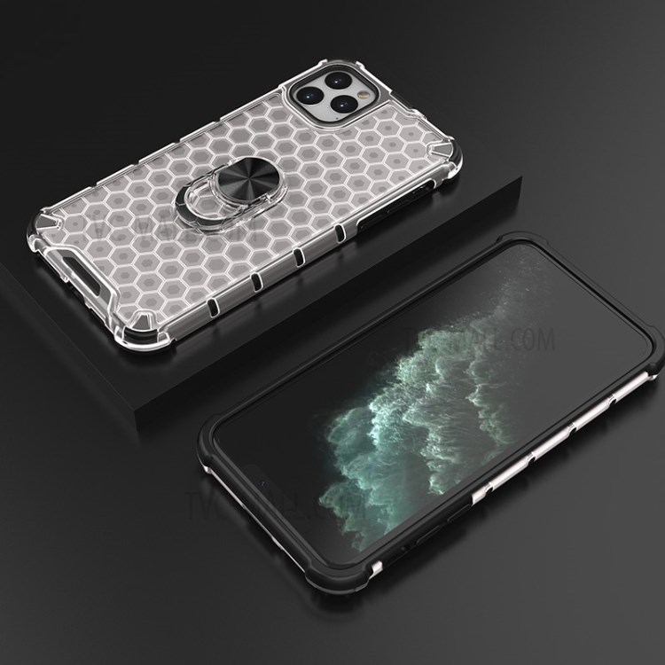 Finger Ring Kickstand Honeycomb Pattern TPU + PC Hybrid Case for iPhone 11 Pro Max 6.5 inch - White-14