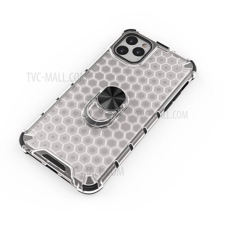 Finger Ring Kickstand Honeycomb Pattern TPU + PC Hybrid Case for iPhone 11 Pro Max 6.5 inch - White-3