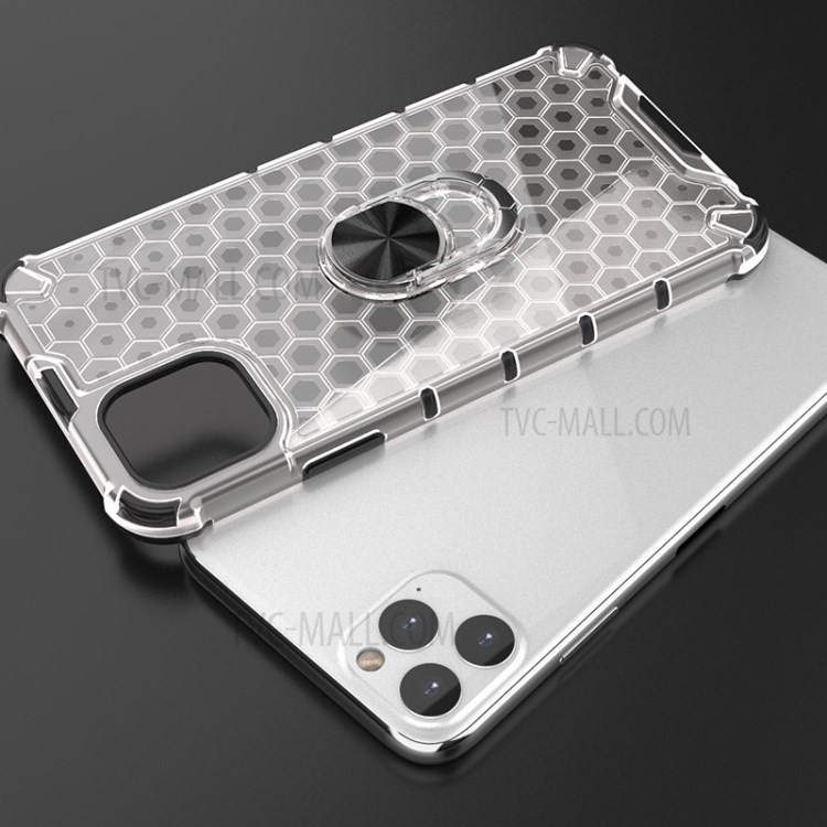 Finger Ring Kickstand Honeycomb Pattern TPU + PC Hybrid Case for iPhone 11 Pro Max 6.5 inch - White-5