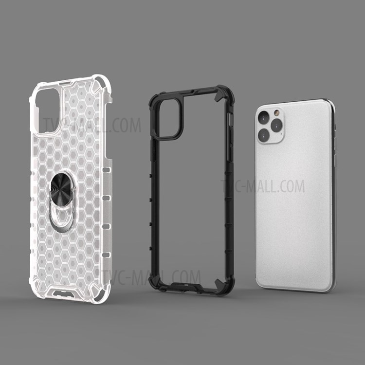 Finger Ring Kickstand Honeycomb Pattern TPU + PC Hybrid Case for iPhone 11 Pro Max 6.5 inch - White-7