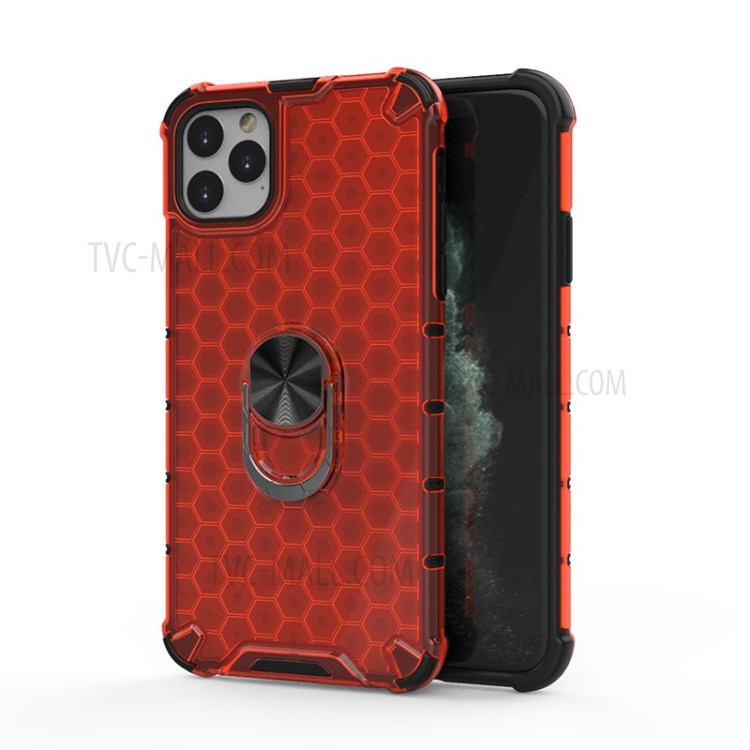 Finger Ring Kickstand Honeycomb Pattern TPU + PC Hybrid Case for iPhone 11 Pro Max 6.5 inch - Red-1